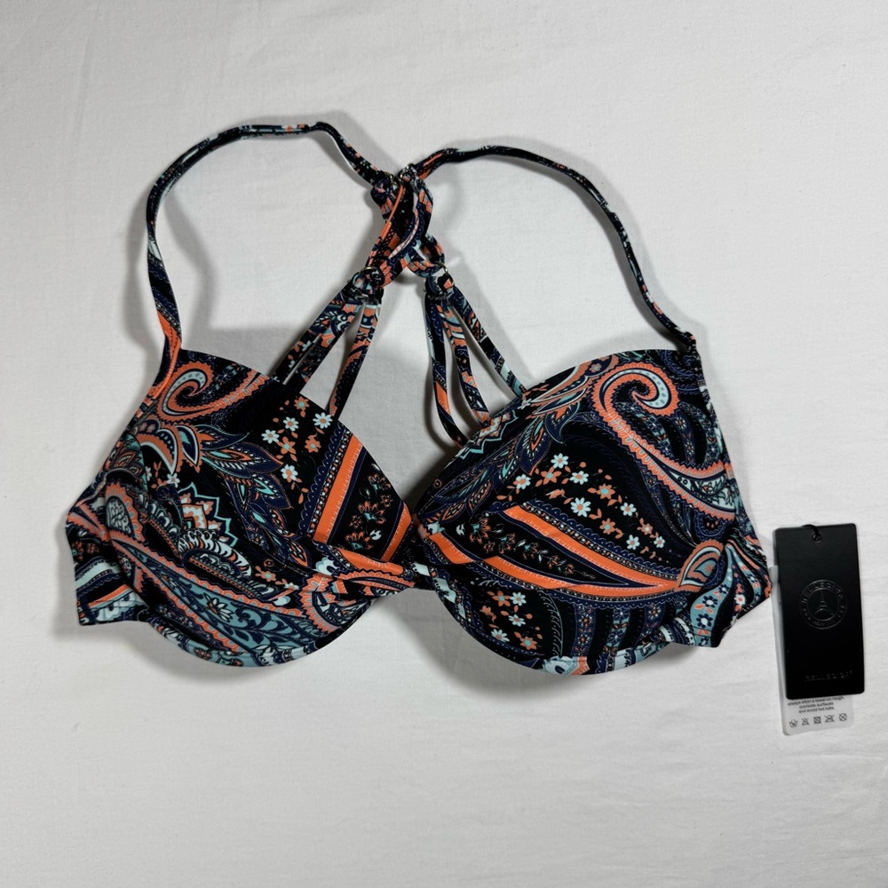 Womens Paisley Print Underwire Push‎ Up Bikini Top Relleciga Orange Teal Medium
